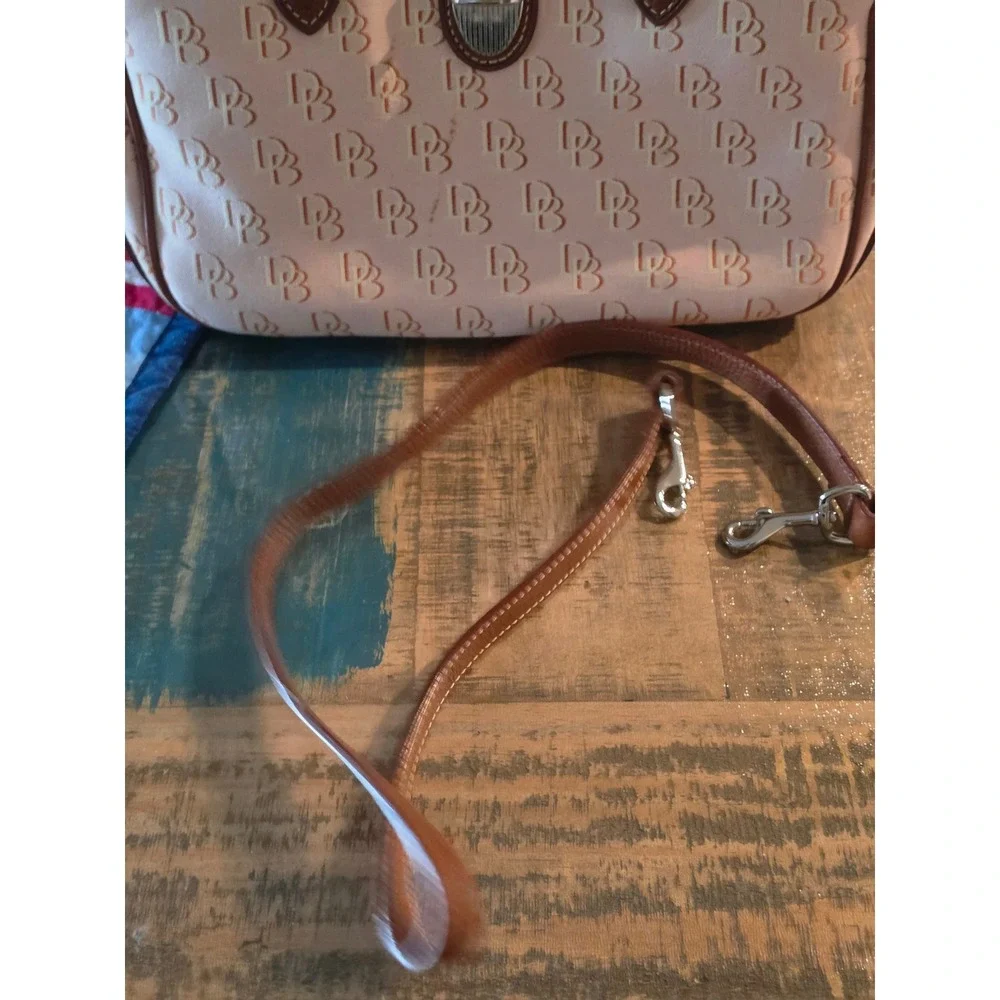Dooney & Bourke Signature Monogram Beige Canvas Satchel Bag Brown Leather Trim